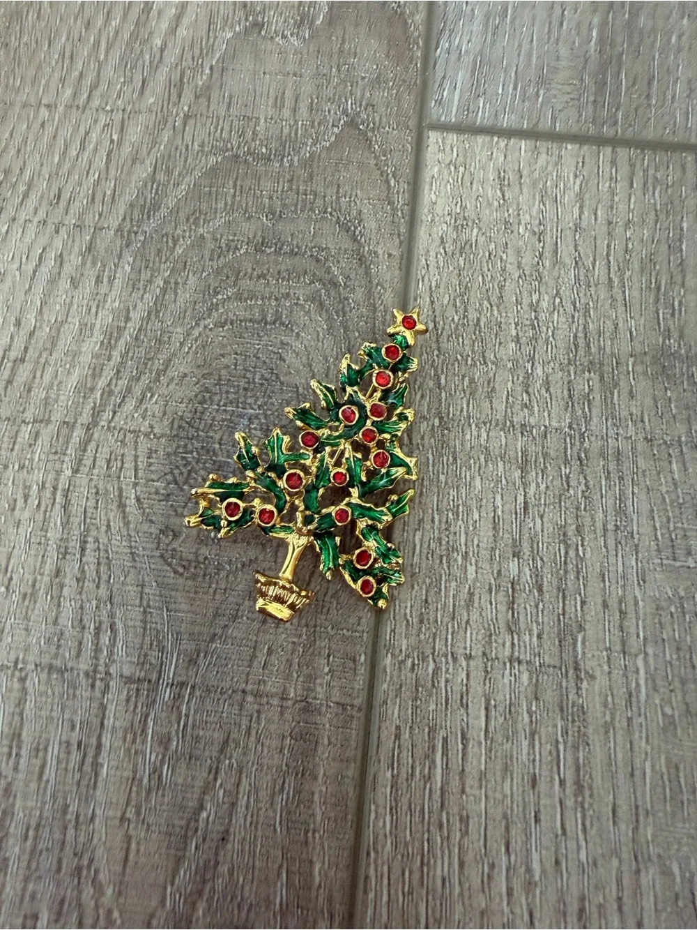 Vintage Monet Festive Gold-Tone Christmas Tree Brooch with Green and Red Accents